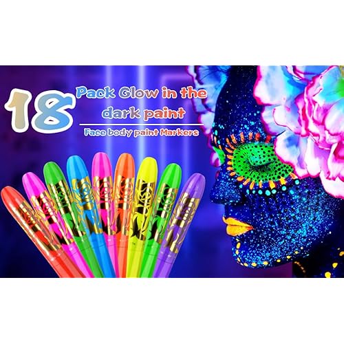 18 Pack Glow in The Dark Paint, Glow in The Dark Face Body Paint Glow Sticks Makeup Face Painting Kits for Adult, Neon Face Paint Crayons UV Crayons Kit for Halloween and Parties