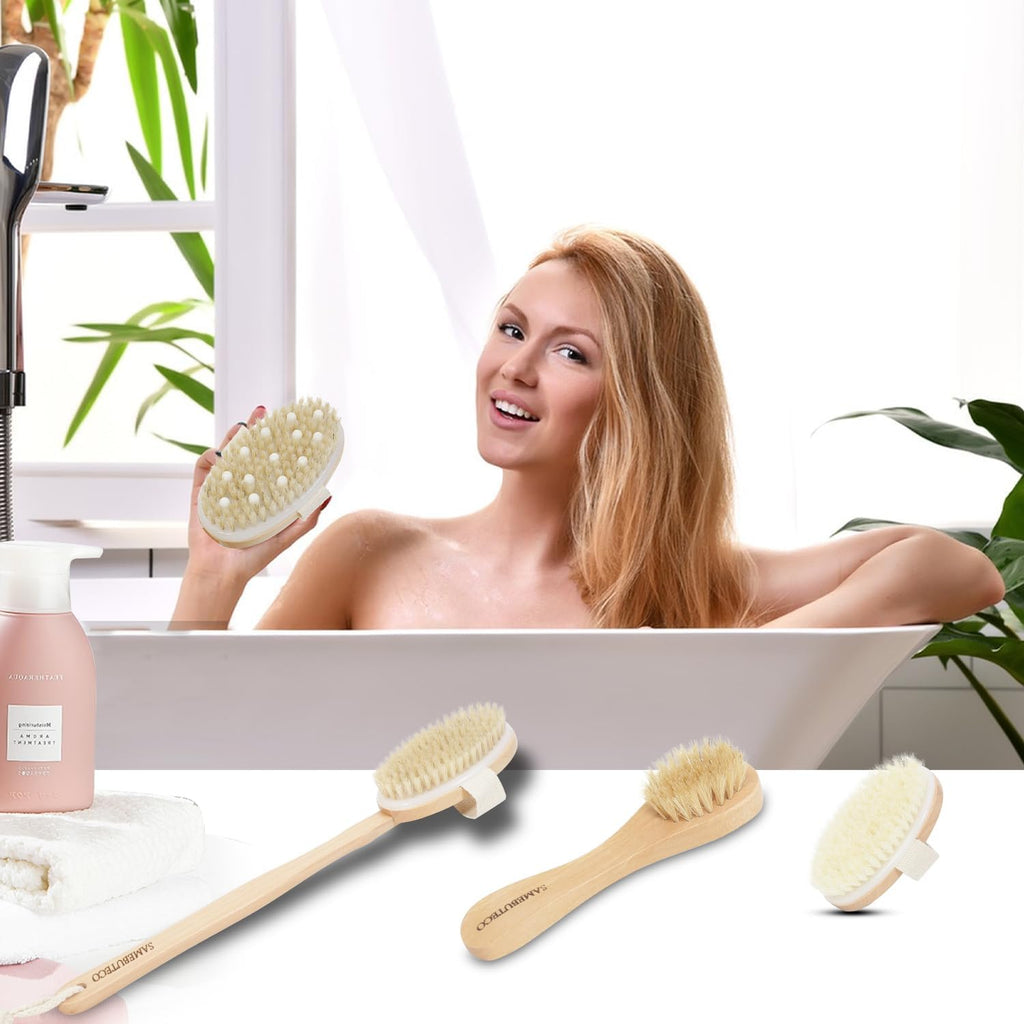 Natural Dry Brushing Set - 5 Packs with Wood Long Handle & 3 Detachable Heads for Lymphatic Drainage & Cellulite Exfoliation