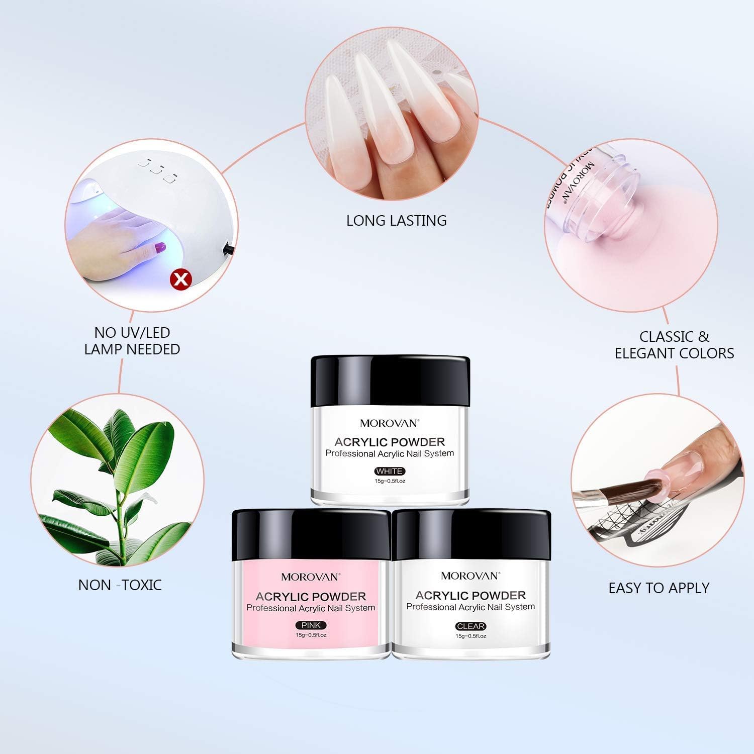 Morovan Acrylic Nail Kit: Clear Pink White Powder and Professional Liquid Set for Nail Extension - DIY at Home With Brush for Beginners