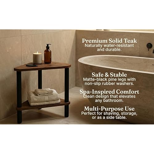 Corner Teak Shower Stool for Shaving Legs with Black Pine Wood Legs ? Small Teak Shower Seat for Inside Shower, Corner Seat, Bath Stool with Pumice Stone & Gua Sha, Multi-Use Side Table, Corner Shelf