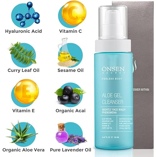 Onsen Secret Japanese Aloe Vera Face Wash - Premium Nightly Facial Cleanser for Makeup Removal, Heals Dry & Sensitive Skin, Hyaluronic Acid, Curry Leaf Oil, Vitamin C & E, Gel Cleanser