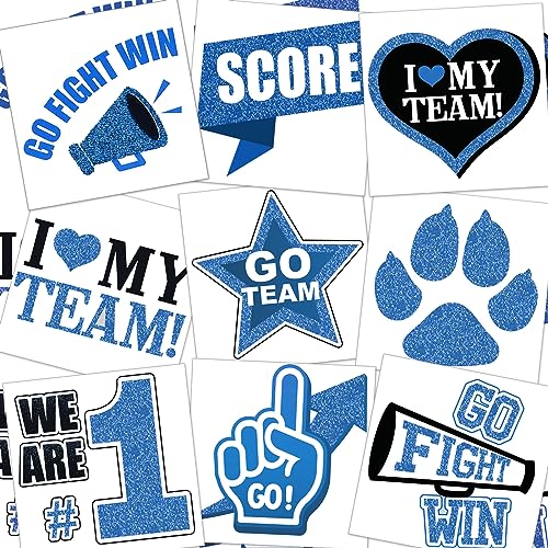 Colarr 180 Pcs Blue and Black Team Spirit Temporary Tattoo 2", 1.5" Face Body Paw Go Team Cheer Tattoo Removable Glitter School Spirit Stickers for Classroom Cheerleading Football Sports Games