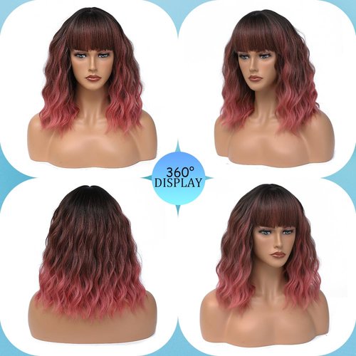 Short Pink Wigs with Bangs 14Inch Wavy Curly Bob Pastel Wig for Women Ombre Pink Shoulder Length Natural Looking Hair Replacement Wig for Daily Party Use Cosplay Costume Halloween Wig
