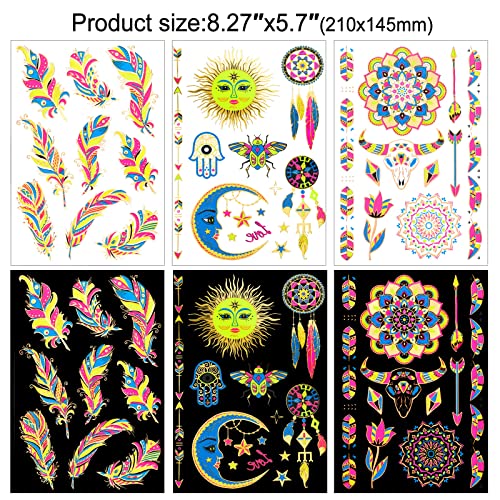 HOWAF 8 Large Neon Glow in The Dark Metallic Gold Temporary Tattoos, Assorted Designs Glow UV Neon Metallic Peacock Feather Mandala Flower Fake Waterproof Tattoo Stickers for Women Men Girls Body Art