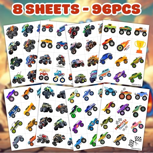 96PCS Monster Truck Pre-Cut Temporary Tattoos for Kids - Super Cute Birthday Party Supplies, Favors, and Decorations - Fake Tattoos Stickers for Boys, School Rewards, and Gifts (Normal)