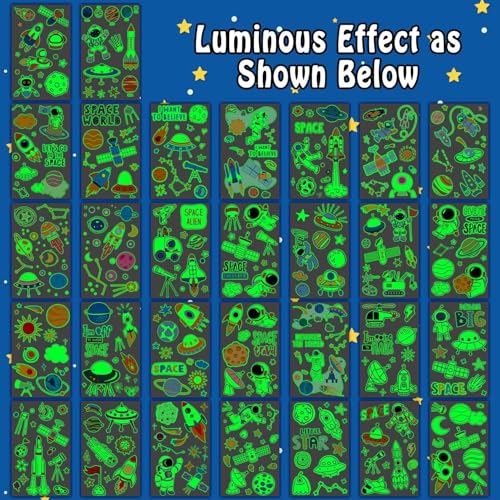 Partywind 290 Styles (30 Sheets) Luminous Space Tattoos for Kids Party Decorations, Glow Outer Space Party Supplies Favors with Astronaut/Rocket/Planet, Kids Games for Glow Party