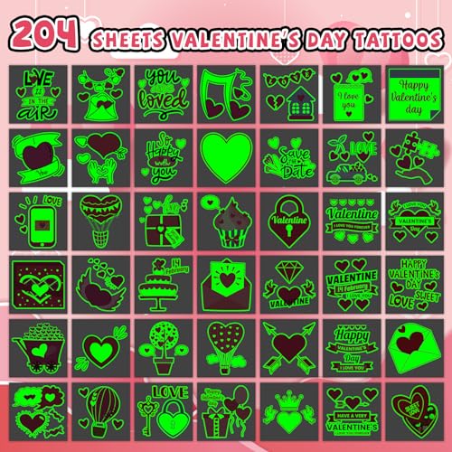 EMOME 204 PCS Individually Wrapped Valentine Luminous Temporary Tattoo Kids, Glow Kiss Heart Tattoos Stickers for Women Kids, Valentine Accessories Decorations Party Favors Supplies