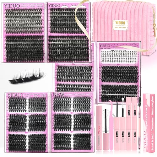 Lash Cluster Kit Makeup Bag Set 1686pcs 40D+50D+60D+80D+100+Spikes+Bottom Full Eyelash Cluster Kit Volume Wispy DIY Lashes Extensions 10-20mm D Curl False Eyelash with 2X Bond&Seal DlY at Home