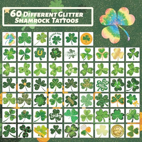winthrop 240 Pcs Glitter Shamrock Temporary Tattoos for Kids, Individually Wrapped Safety Waterproof Tattoos, Best Choice for St Patrick's Day Classroom gadgets Matching Game Irish Party, 60 Designs