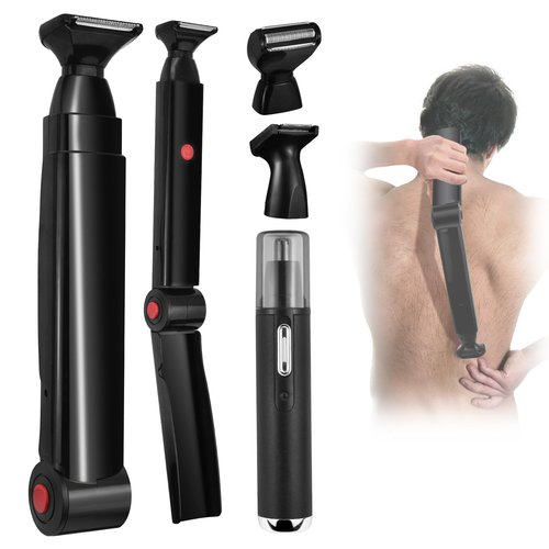 ETbyto Back Shavers for Men Long Handle，Multifunctional Self-Service Electric Back Hair Razor with Adjustable Handle，Men's Back Shaver wiht Nose Hair Trimmer Set and 2 Shock Absorber Flex Heads，Black