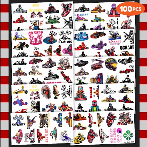 100 PCS Go Kart Car Temporary Tattoos Themed Birthday Party Decorations Favors Supplies Decor Karts Race Car Checkered Flag Racing Tattoo Stickers Gifts For Game Boys Girls Classroom School Prizes