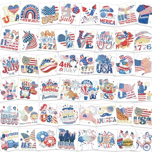 HOWAF 4th/Fourth of July Temporary Tattoos 96 Individually Sheets Giltter American USA Flag Tattoos Stickers Giltter gold and silver Independence Day Tattoos for Patriotic Independence Day