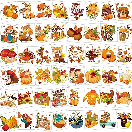 HOWAF 96 Pieces Fall Temporary Tattoos, Fall themed Tattoos for kids, Maple Leaves Pumpkin Fake Temp Tattoo for Fall Thanksgiving Decorations Autumn Stickers