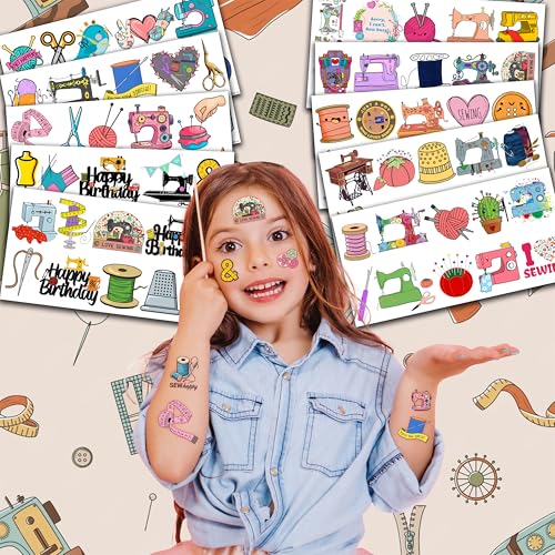 Sewing Machine Temporary Tattoos Sewing Party Decorations Favors Supplies Art Sewing Themed Cute Stickers 10 Sheets 100 PCS Gifts for Baby Girls Boys Class School Carnival
