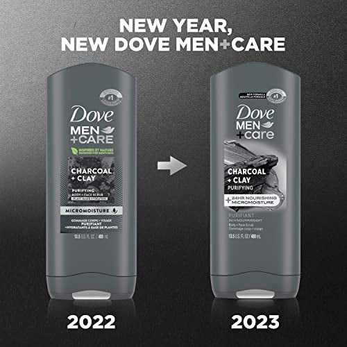 DOVE MEN + CARE Purifying Charcoal + Clay Body and Face Wash with 24-Hour Nourishing Micromoisture Technology Body Wash for Men, 13.5 oz (Pack of 2)