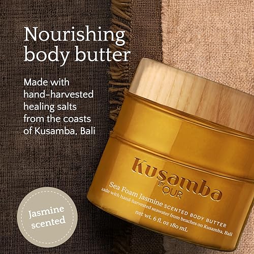 SeaFoam Jasmine Natural Body Butter for Dry Skin 6oz, Deep Moisturizing Cream, Aloe, Shea Butter and Olive Oil, Nourishing Hydration, Salt, Kusamba by QUR