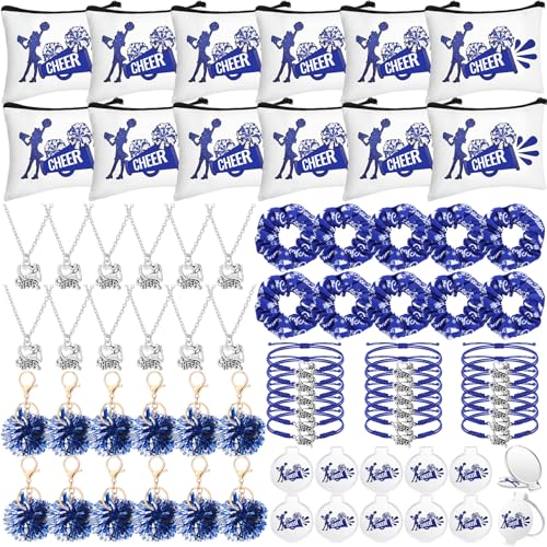 72 Pcs Cheer Gifts Bulk for Team Cheerleader Valentines Gifts Bag Necklace Bracelet Hair Ties Pom Pom Keychain Mirror