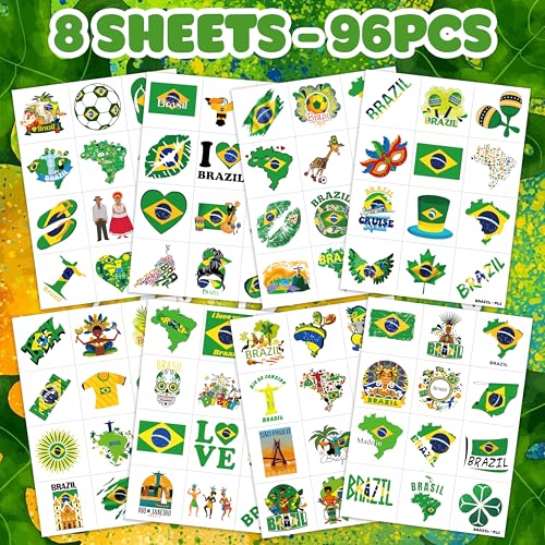 96 PCS Brazil Brazilian Pre-Cut Temporary Tattoos Themed Birthday Party Supplies Favors Decorations D?cor Soccer Carnival Tattoo Stickers Gifts For Boys Girls Class School Prizes Carnival Cartoon