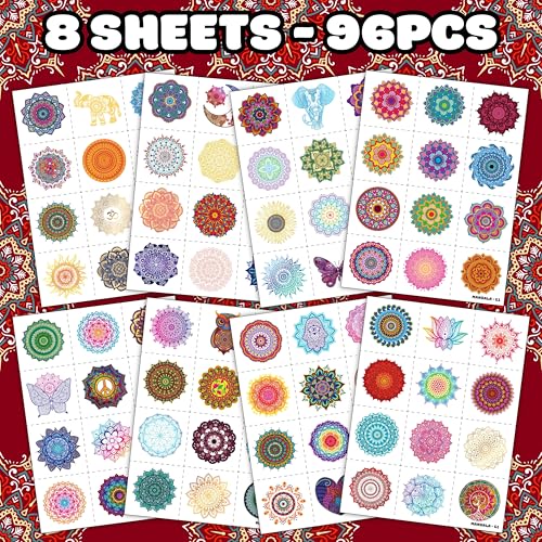 96PCS Pre-Cut Mandala Temporary Tattoos - Indian Decorations Themed Stickers for Boys and Girls Birthday Party Supplies, Decorations, Favors, and Prizes - Cute Gifts
