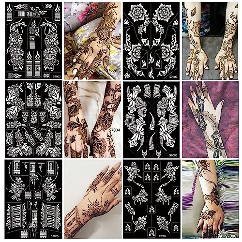 10 Sheets Henna Tattoo Stencils 10 Pair Arm Hand Tattoo Template Temporary Indian Arabian Glitter Airbrush Tattoo Stickers for Face Body Paint DIY (Black)
