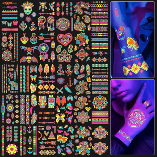 201pcs Glow In the Dark Tattoos for Party Supplies, Glow Temporary Tattoos Under Neon UV Blacklight for Kids Teens and Adult, Glow in The Dark Party Decorations, Glow Party Favors