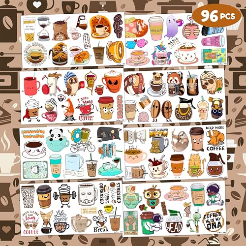 96 PCS Funny Iced Coffee Temporary Tattoos Cup Mug Cups Quotes Themed Birthday Party Decorations Supplies Favors Decor Cute Stickers Tattoo Gifts for Kids Girls Boys School Rewards Carnival
