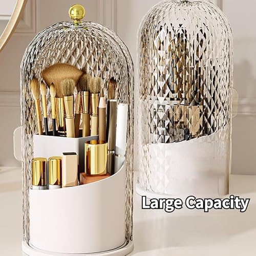 Makeup Brush Holder Organizer with 360¡Æ Rotating Lid Dustproof Makeup Brushes Organizer for Vanity Desktop Bathroom Countertop Clear Cover Easy Visibility (White)