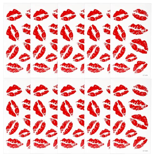 10 Sheets Red Lip Temporary Tattoo, Waterproof Red Lip Print Tattoo Stickers Self-Adhesive Kisses Decal for Face Body Birthday Bachelor Party Decorations
