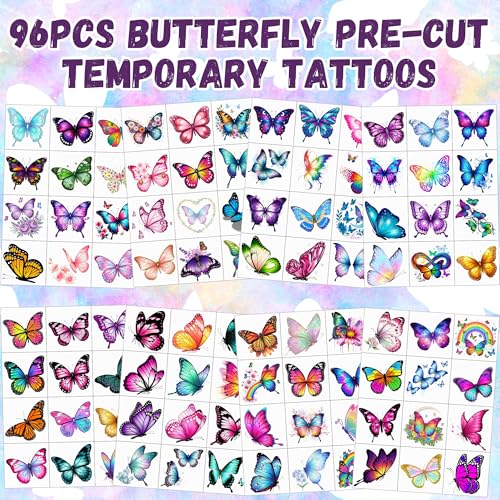 96PCS Butterfly Temporary Tattoos Stickers - Butterfly Themed Party Favors Party Decorations Accessories Supplies Gift Idea For Kids Teens Adult Women Classroom Prizes Rewards Pre-Cut