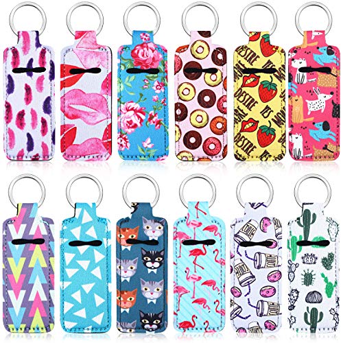Frienda 12 Pieces Lipstick Holder Keychain - Neoprene Lip Balm Sleeve with Metal Ring, for Travel, Birthday Gifts & Lanyards