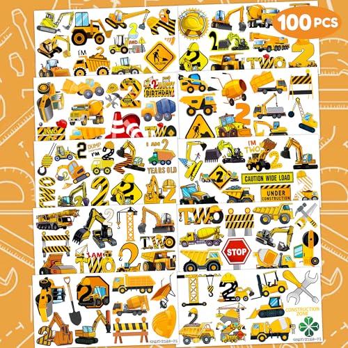 100 PCS Construction 2nd Temporary Tattoos Birthday Party Decorations Favors Supplies Trucks Tractor Two Years Old Vehical Excavator Bulldozer Stickers Gifts For Boys Classroom School Prizes Reward