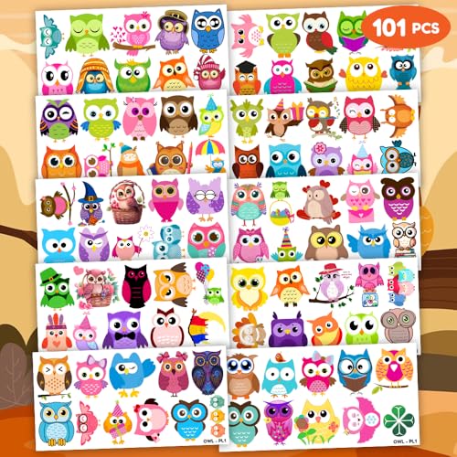 101 PCS Owl Night Birds Temporary Tattoos Themed Birthday Party Decorations Favors Supplies Decor Cute Wisdom Kawaii Intelligent Tattoo Stickers Gifts For Game Boys Girls Classroom School Prizes