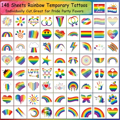 Rainbow Temporary Tattoos 148 Individually Sheets - Pride Tattoos Heart Lips Love Rainbow Tattoos for Pride Festivals