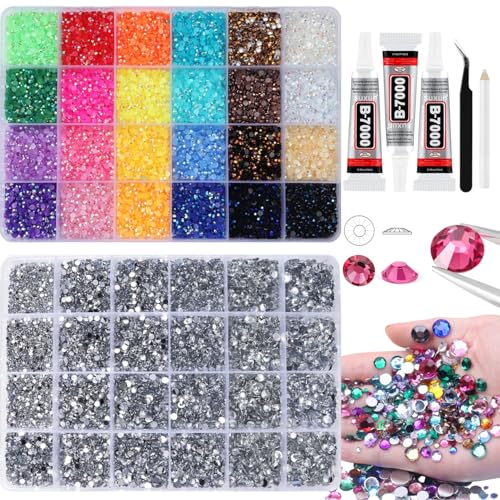 Rhinestones for Bedazzling Kit,Bedazzler Kit with Rhinestones,32000PCS Multicolor Resin Flatback Gems Diamond Art Set with 3PCS 10ml B7000 Glue for DIY Craft,Shoes,Nails (3mm+Silver Mix)