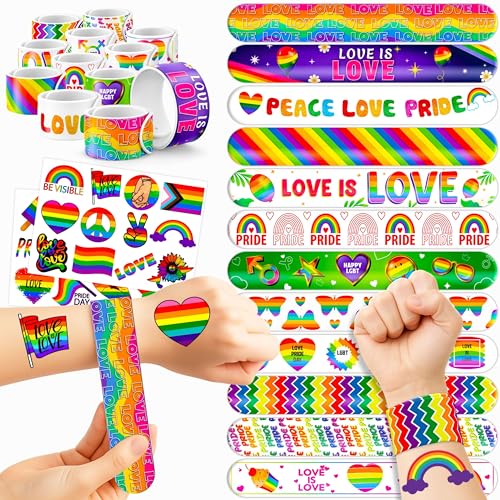 48PCS Pride Party Set - 24PCS Rainbow Temporary Tattoos & 24PCS Slap Bracelets-LGBTQ+Celebration Supplies, Birthday Gifts, Baby Shower Favors, Classroom Rewards,Party Decor for Kids (Boys & Girls)