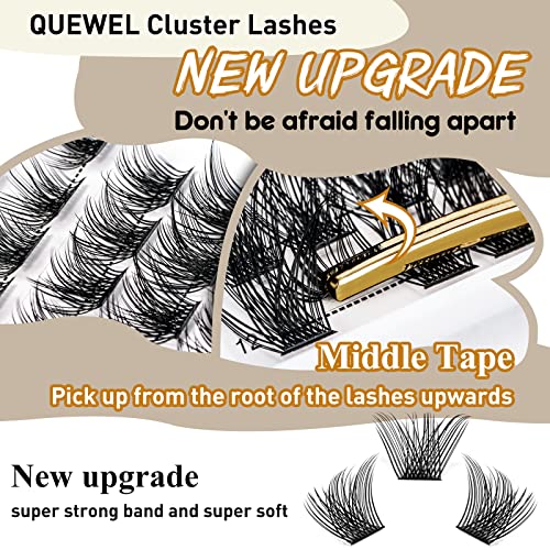 QUEWEL Cluster Lashes 72 Pcs Wide Stem Individual Lashes C/D Curl 8-16mm Length + Lash Bond And Seal, Lash Cluster Glue For DIY Eyelash Extensions