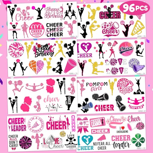 Cheerleading Temporary Tattoos 8 Sheets 82 PCS Cheer Party Decorations Supplies Favors Team Spirit Theme Birthday Cute Stickers Christmas Gifts for Boys Girls Class School Prizes Carnival