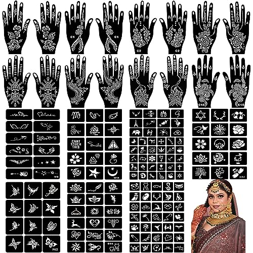 Henna Tattoo Stencil Kit 165+pcs, 23 Sheets Henna Stencils Glitter Airbrush Reusable Temporary Tattoo Stencils Indian Arabian Realistic Tattoo Stickers for Face Body Paint DIY