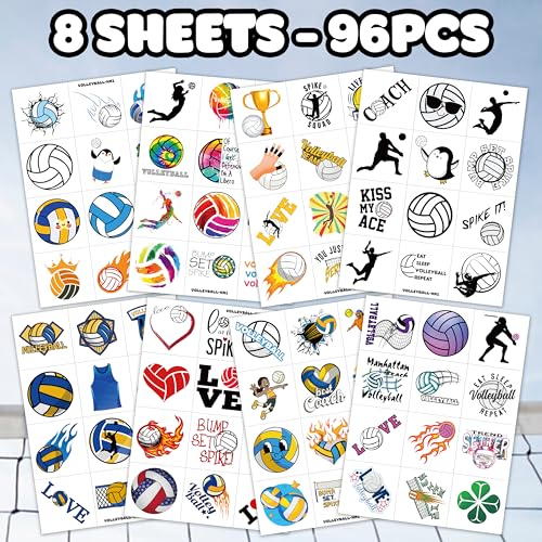 96PCS Cute Volleyball Pre-Cut Temporary Tattoos Themed Pool Birthday Party Decorations Supplies Favors Cool Funny Summer Beach Games Tattoo Stickers Gifts For Kids (Normal)