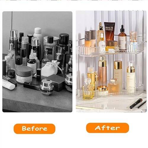 Corner Bathroom Counter Organizer, Vanity Trays for Bathroom, Skincare Makeup Organizer Shelf, Shelf Cosmetics, Toiletries, Lotions, Perfumes (2 Tiers, Clear)