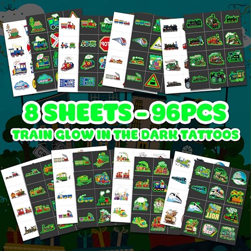 Neon Luminous Glow in the Dark Train Temporary Tattoos Stickers for Kids Boys Girls ? Glow Birthday Party Decorations Supplies Party Favors Night Gifts Classroom Rewards Prizes (Train)