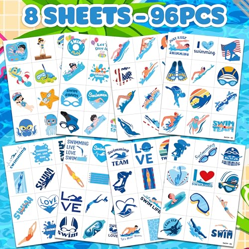 96 PCS Swimming Pre-Cut Temporary Tattoos for Kids | Super Cute Swim Team Pool Beach Themed Birthday Party Favors, Supplies, Decorations, Fake Tattoo Stickers, School Rewards & Gifts Boys & Girls