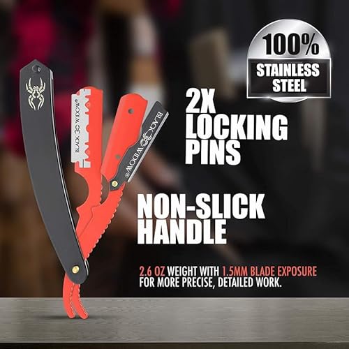 Black Widow Professional Barber Straight Edge Razor ? Stainless Steel Shavette, 1.5 mm Blade Exposure, Matte Black & Red, 10 Double Edge Blades (20 Single-Edge) for Lineups & Beard Shaping