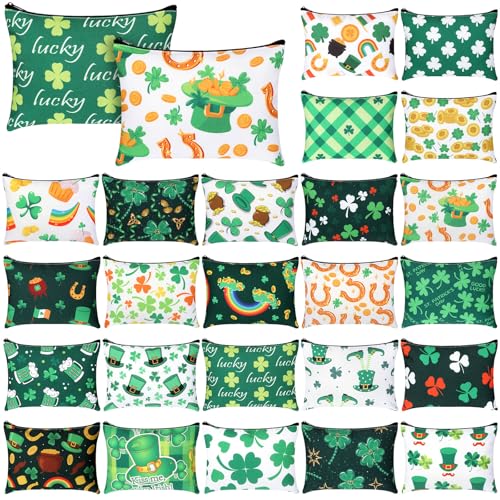 Abbylike 24 Pcs St. Patrick's Day Canvas Makeup Bags Bulk Irish Gifts for Women Shamrock Clover Cosmetic Bags Toiletry Storage Zipper Pouch Travel Purse Toiletry Pocket Organizer for Irish Party Favor