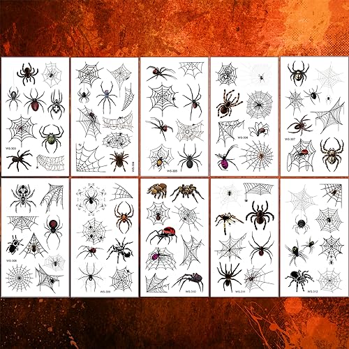 10 Sheets Halloween Spider Web Temporary Tattoos for Adults, Realistic Spider Fake Tattoo Stickers Halloween Cosplay Party Favors, Halloween Gifts Goodie Bag Fillers