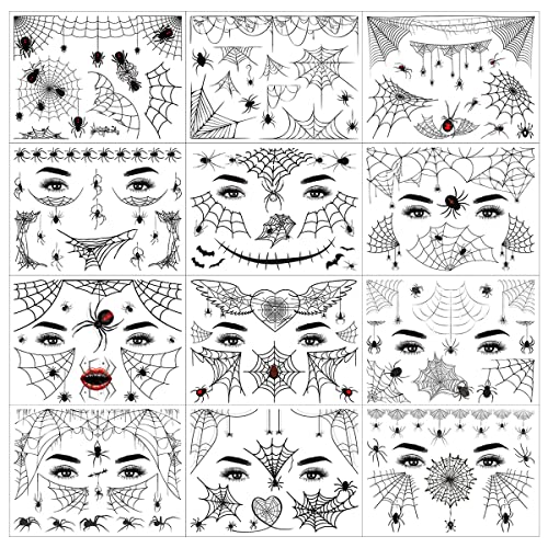 Halloween Spider Temporary Tattoos Web Face Makeup Supplies - 12 Sheets Full Face Scary Black Fake Spiders for Day of the Dead Stage Show Witch Costume Party Prank Props