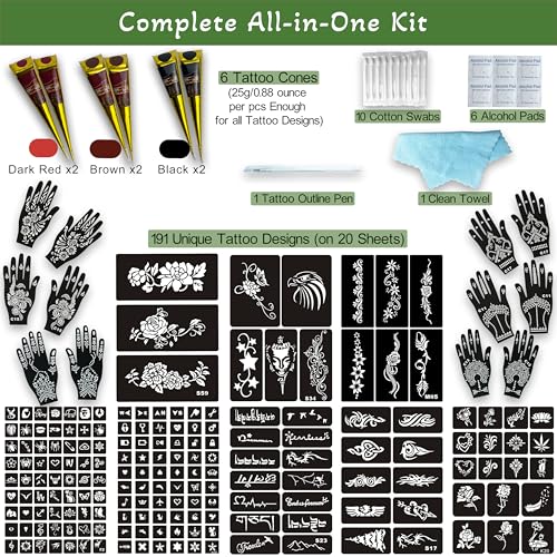 191 PCS Temporary Tattoo Stencils Kit, 6 Tattoo Ink Cones 3 Color (Black, Brown, Dark Red) & Tattoo Pen - Temporary Tattoo Kit, DIY Body Art | Perfect for Kids, Teens, Beginners, Family Fun & Parties