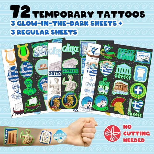 96 PCS Greek Mythology Party Favors Set ? 72 Pre-Cut Temporary Tattoos & 24 Slap Bracelets, Perfect for Cultural Festivals & Travel-Inspired Celebrations
