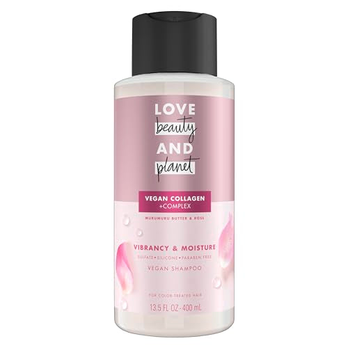Love Beauty and Planet Vegan Collagen Moisture Shampoo, 13.5oz, Cruelty-free, Murumuru Butter & Rose for Color-Treated Hair Vibrancy, free from Sulfate, Paraben, Silicone