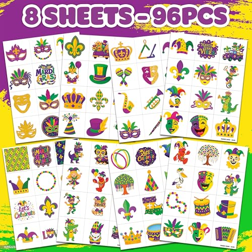 96 PCS Happy Mardi Gras Pre-Cut Temporary Tattoos for Kids | Super Cute Themed Birthday Party Favors, Supplies, Decorations, Festival Fake Tattoo Stickers, School Rewards Prizes & Gifts Boys & Girls